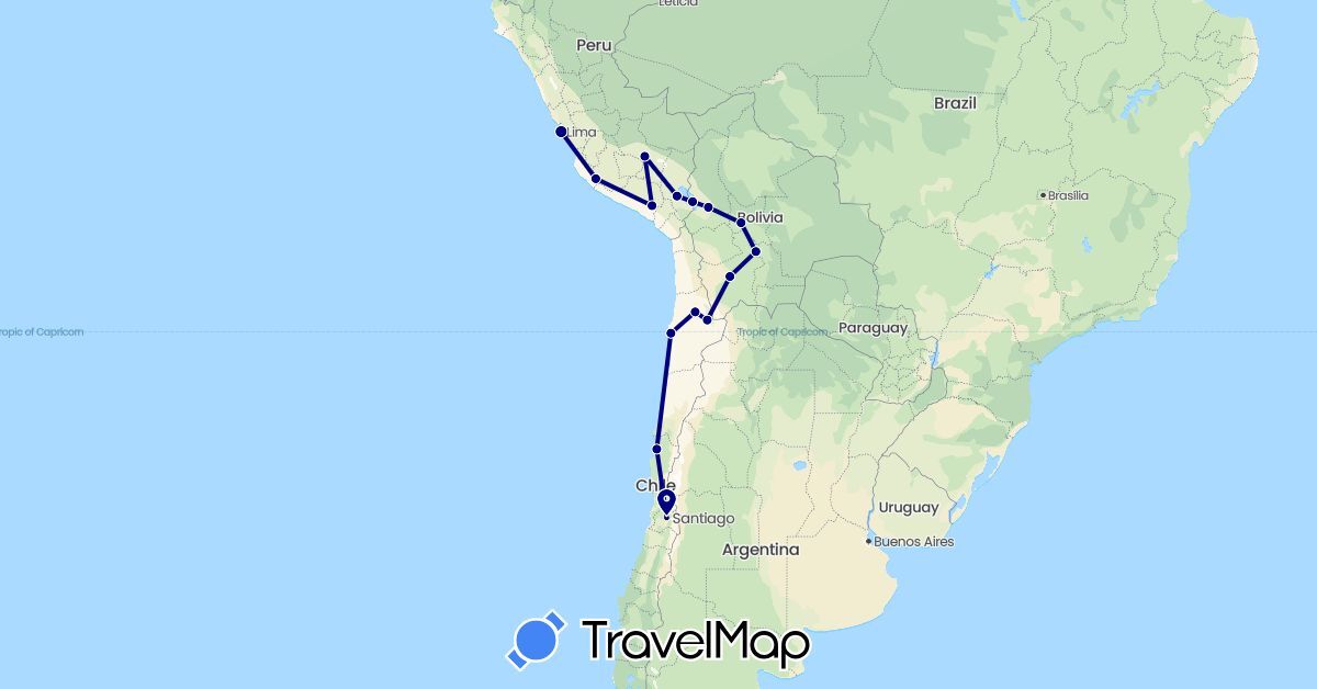 TravelMap itinerary: driving in Bolivia, Chile, Peru (South America)